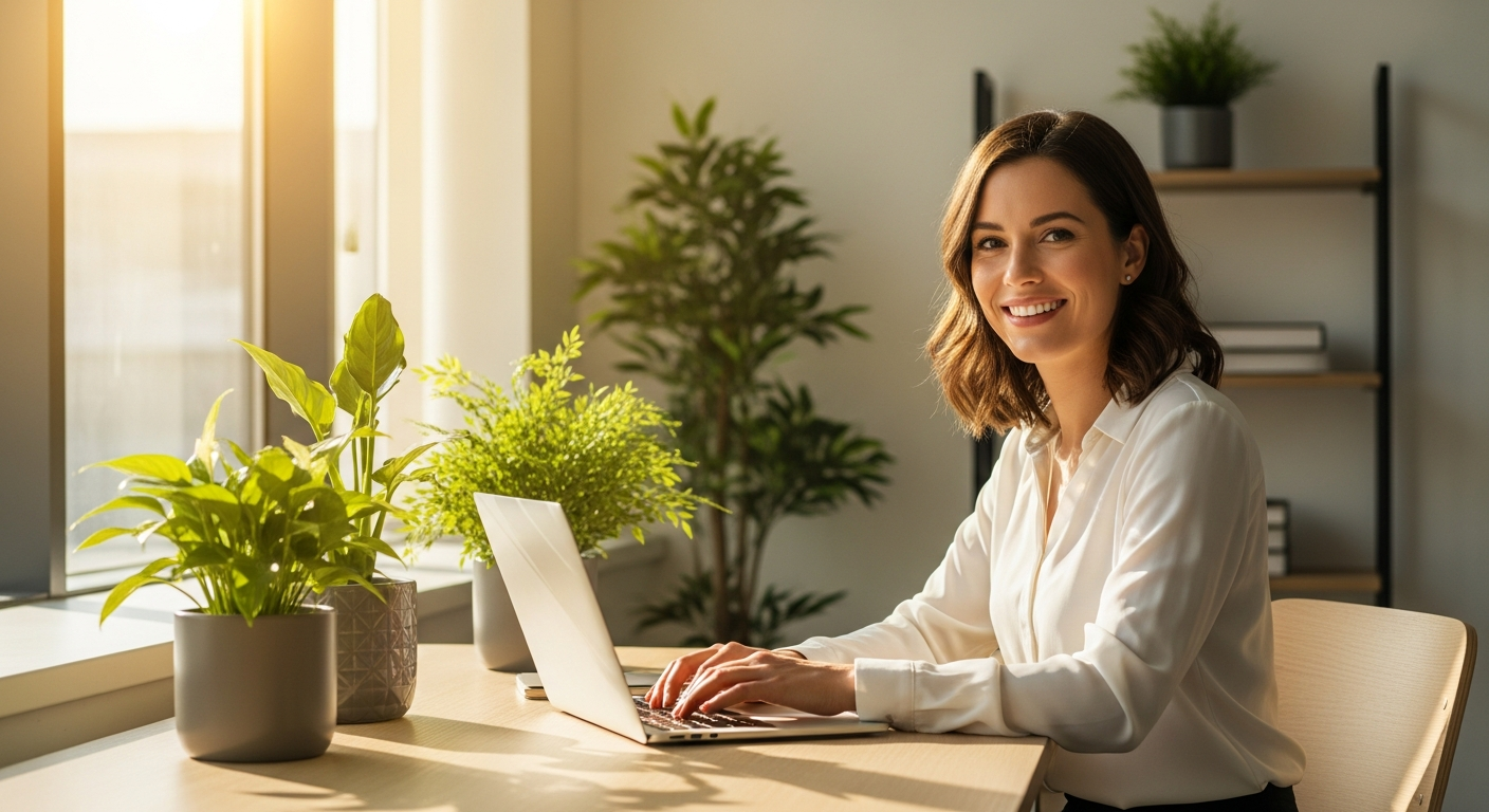 Woman recovering from anxiety, working confidently at her laptop